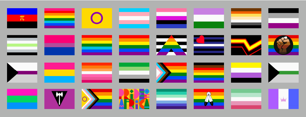 Image of 32 different colored Pride flags in a grid.