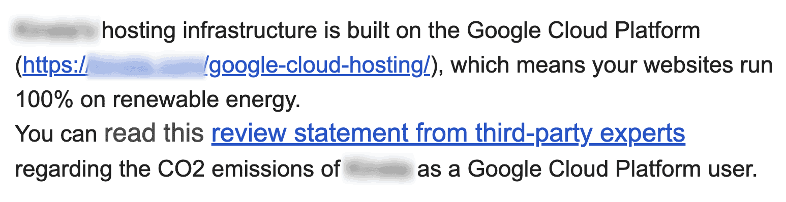 Image of an email explaining why a hosting provider is green because they use Google Cloud Platform.