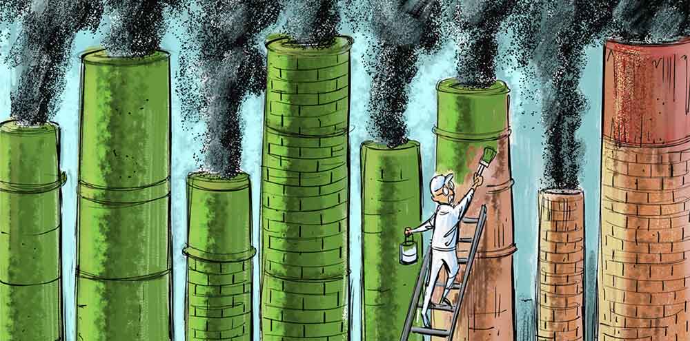 Image of a painter 'greenwashing' fossil fuel smokestacks. 