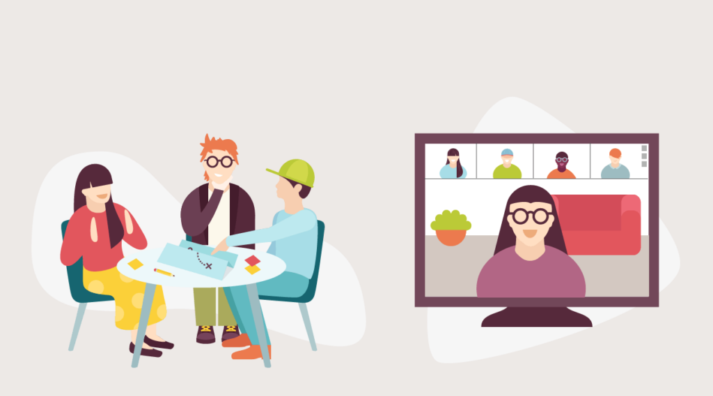 Illustrations of people collaborating on a sustainable web design project