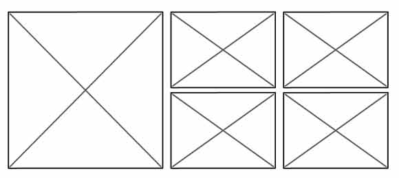 wireframe of box layout where one box is large and the other four are the same size