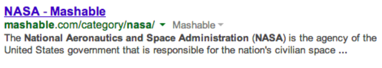 Screenshot of NASA Mashable google search result