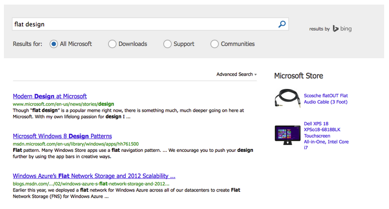 screenshot of new microsoft search page with flat design