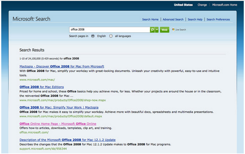 screenshot of original Microsoft search page