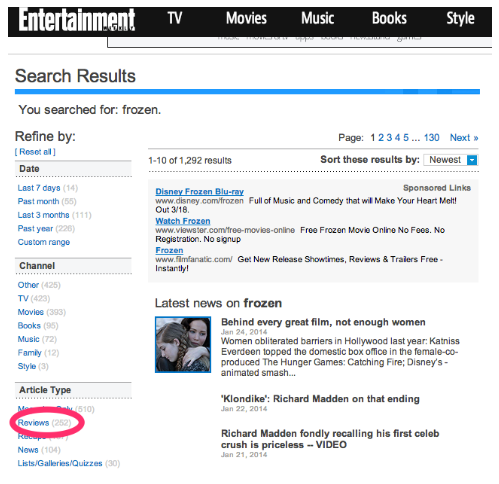 screenshot of Entertainment Weekly search results page