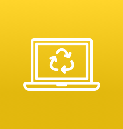 Icon of computer with icon of recycling symbol on a yellow background