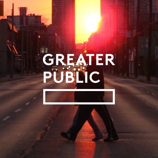 Greater Public logo with photo of people crossing the street backlit by the sun