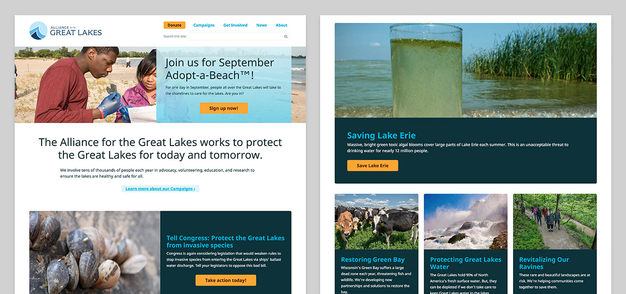 Screenshots of the Alliance for the Great Lakes homepage and another interior page