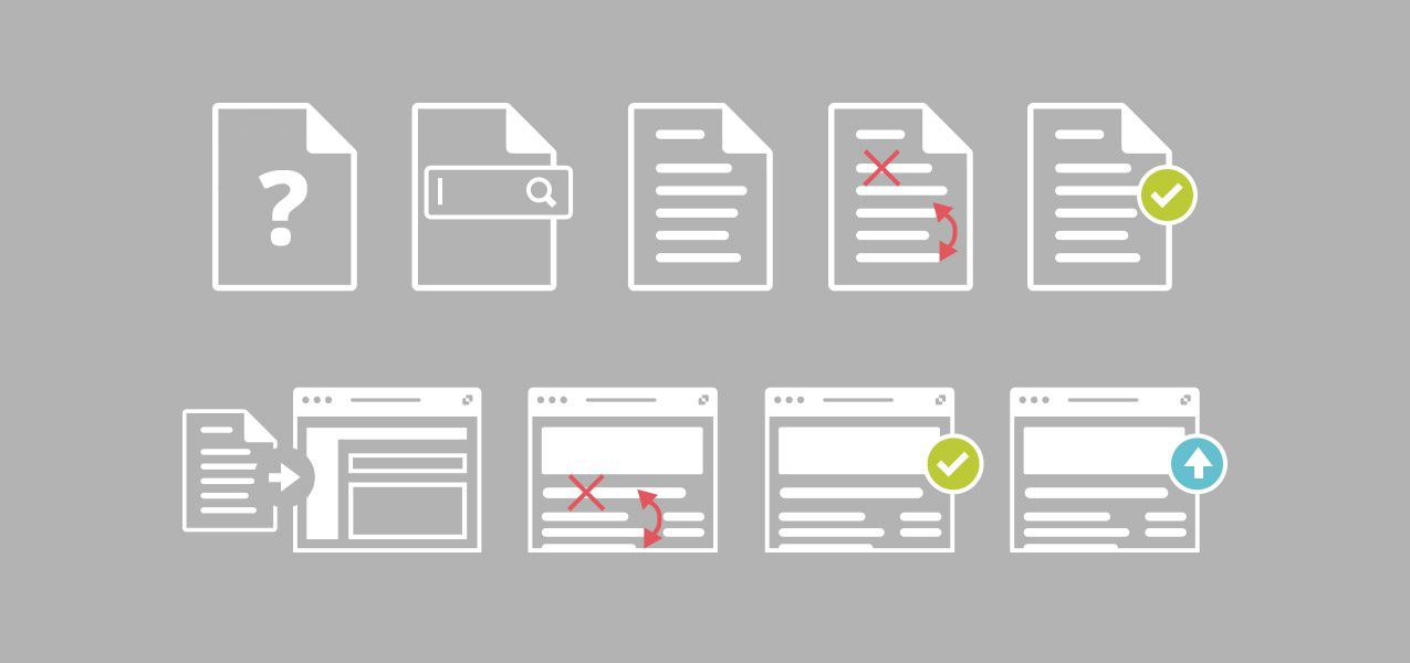 Graphic of icons informing of the content and editing process for the web