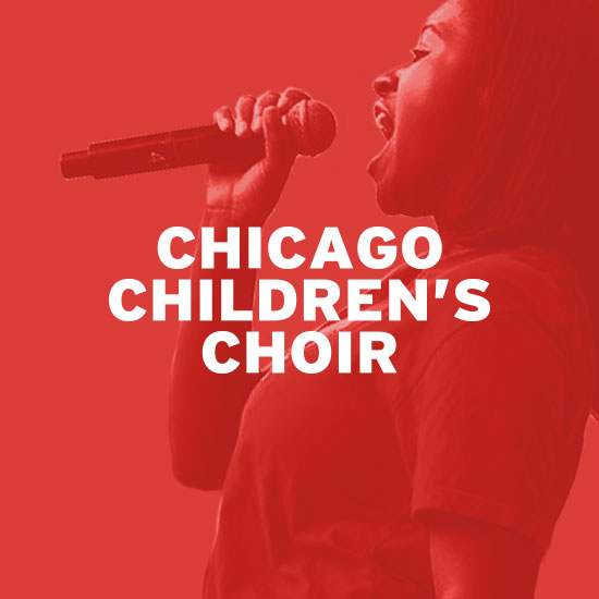 Graphic of Chicago Children's Choir logo with female choir member singing in background