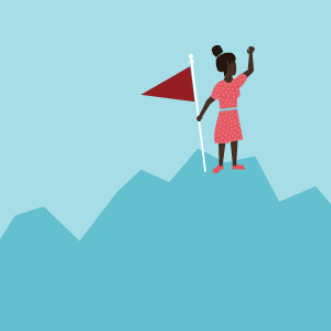 Illustration of woman standing at top of mountain with flag