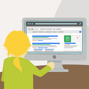 Illustration of woman sitting at computer with search engine results on screen.
