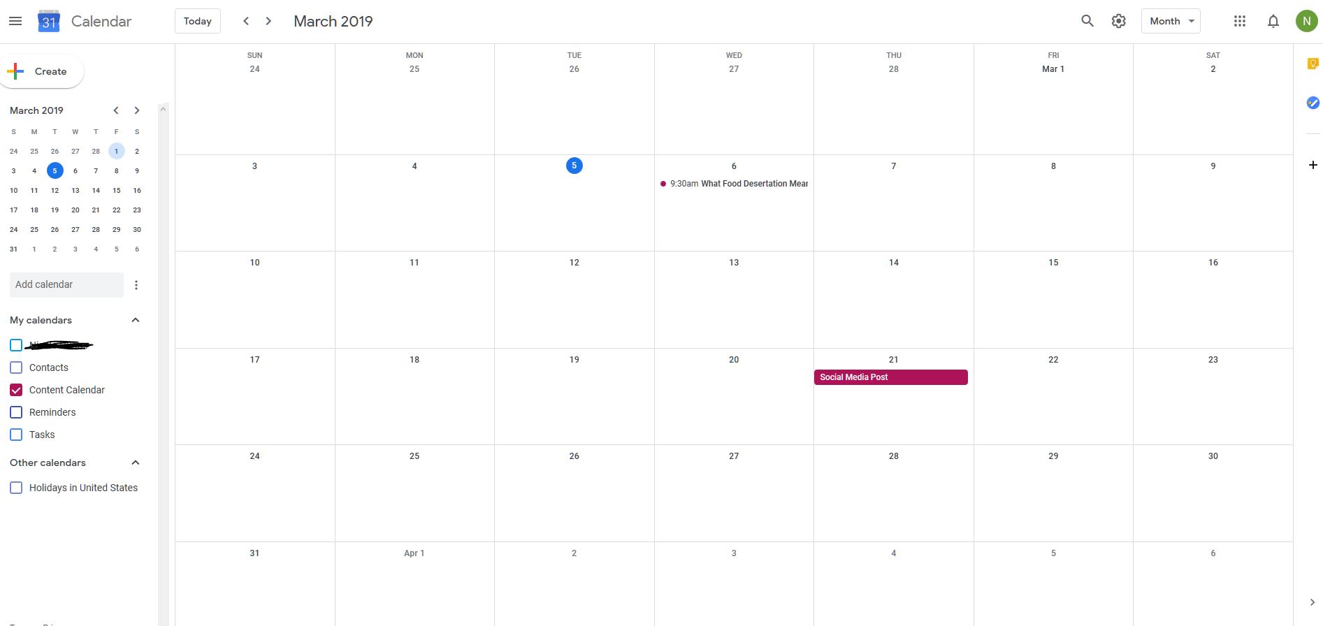 A content calendar in Google Calendar