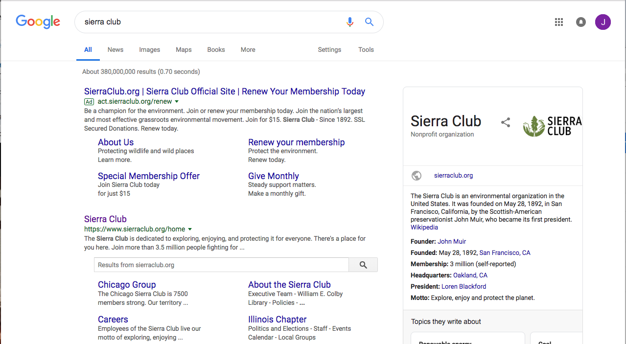 Sierra Club is highly visible in search engines
