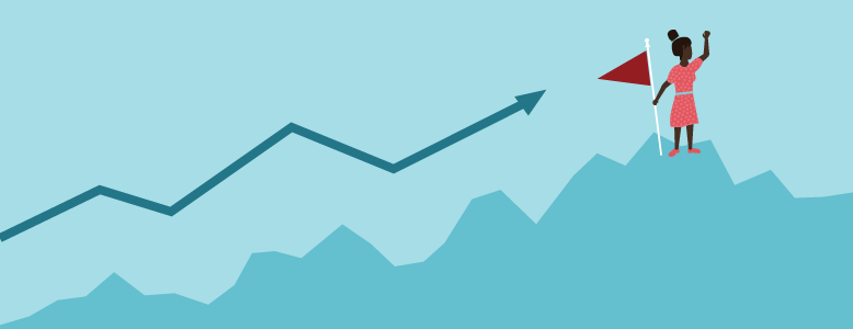 Digital marketing strategy illustration of an arrowed graph line moving upward to meet a woman holding a flag.
