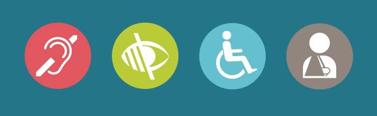 Illustration of various accessibility icons for hearing, seeing, mobility, and temporary disabilities, like broken bones.