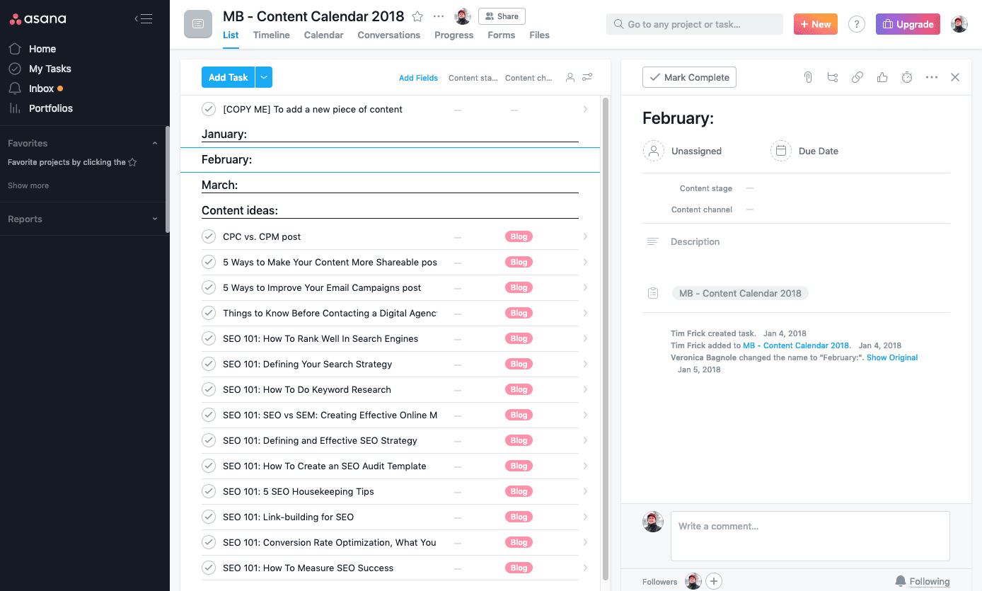 Asana content calendar template