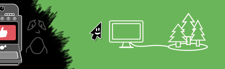 Graphic of happy cursor escaping the dark patterns and finding beautiful, green web patterns