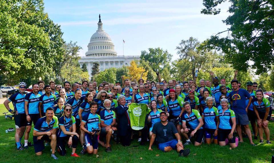 Riders from Climate Ride Red White and Blue Ridge in front of the U.S. Capitol building