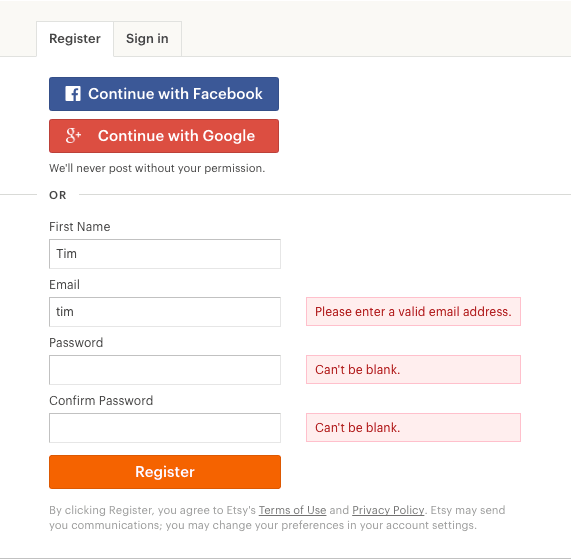 Etsy form validation messages