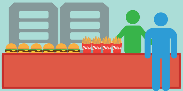 vector illustration of fast food restaurant caching showing a backed up line of hamburgers and fries at the order table