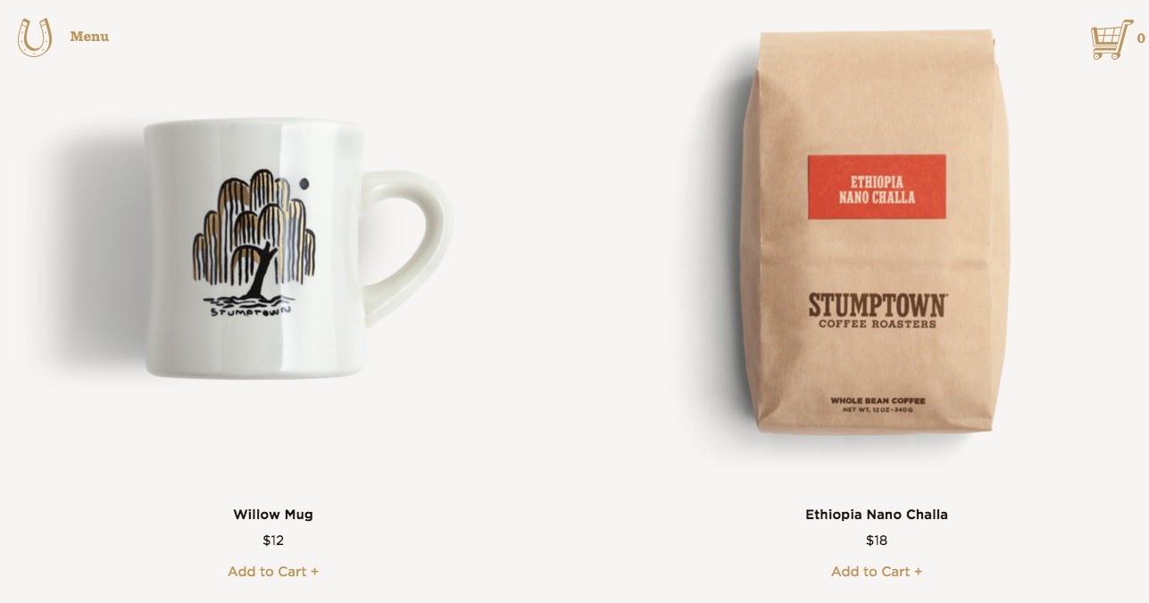 A page from Stumptown Coffee Roasters' website that shows small calls-to-action that might be hard to read for some people.