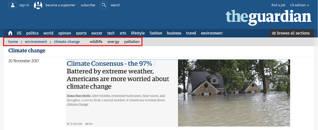 An example of breadcrumb navigation on The Guardian's website, indicated by a red rectangle.