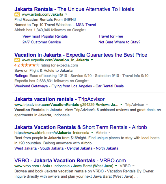 screenshot of jakarta vacation rentals search results
