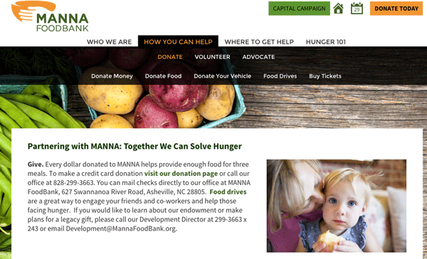 screen shot of manna food bank donate page