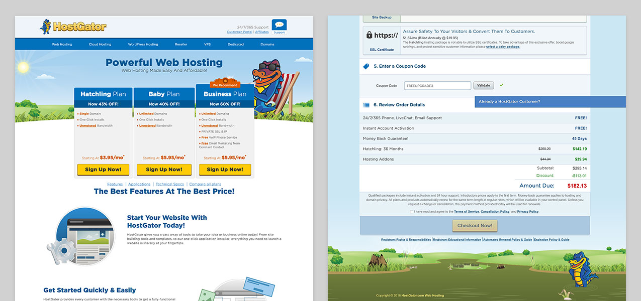Screenshot of Host Gator's website showing how they bait and switch customers