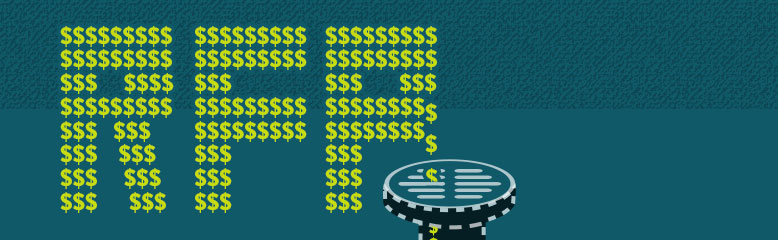 Graphic of the letters, RFP made with dollar symbols falling into a drain