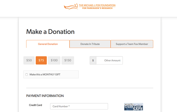 screenshot of michael j fox foundation donate page