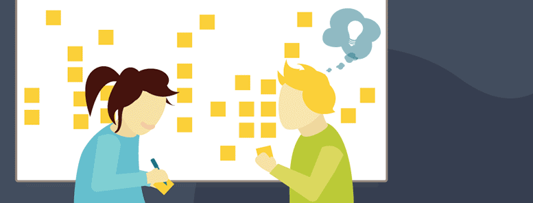 Illustration of two people brainstorming in front of a whiteboard filled with stickies.