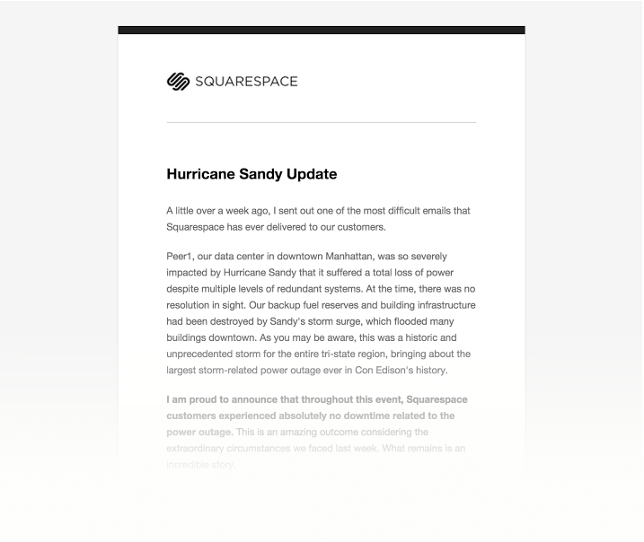 letter to customers from squarespace hurricane sandy