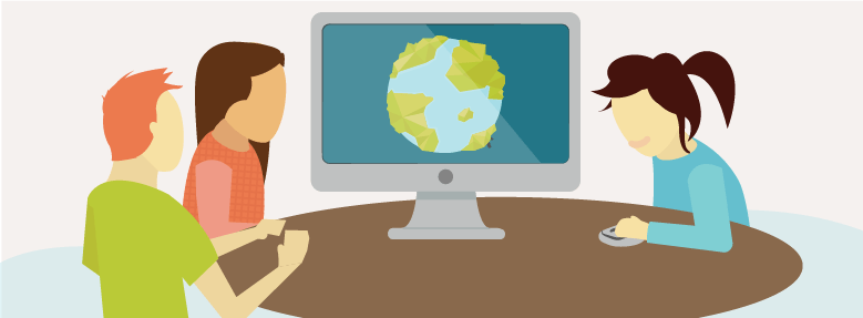 Sustainability Storytelling Hero: people around a table looking at a screen with a globe on it