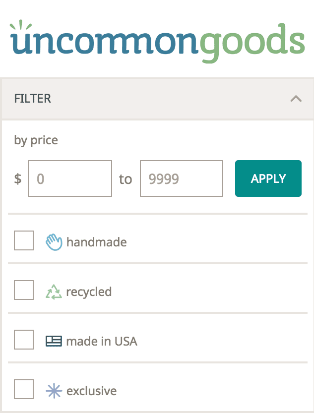 screenshot of filter options on Uncommongoods website that allows users to be more conscious about their purchases