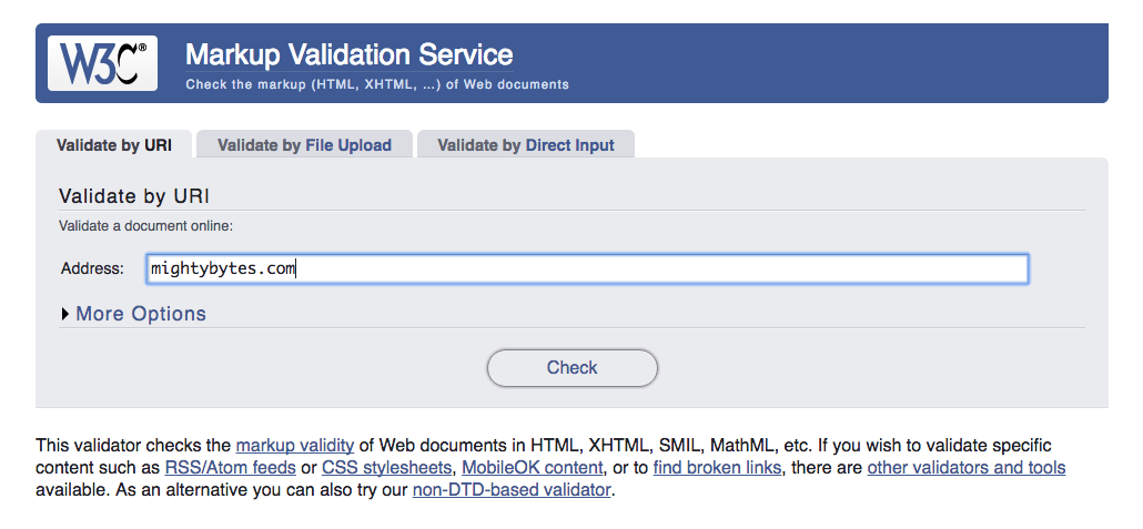 Screen grab of the World Wide Web Consortium's (W3C) Markup Validation Service, which can be used to test code accessibility.