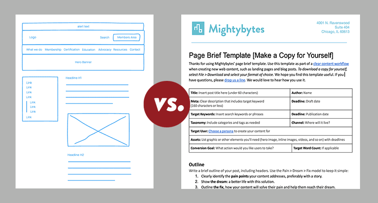 Illustration showing a wireframe and a page brief side-by-side.