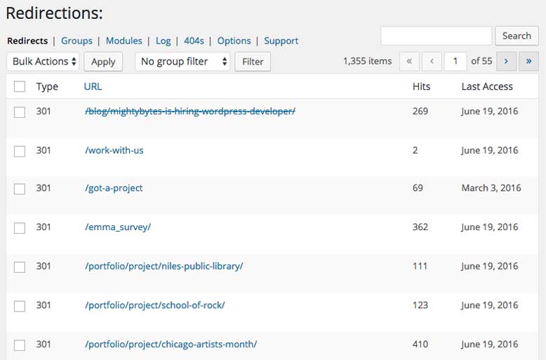 Screenshot of Redirections list in WordPress admin