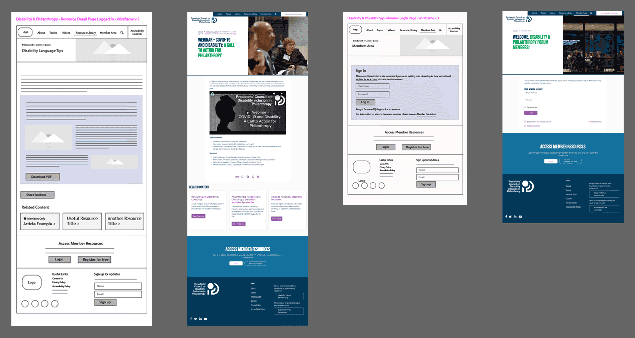 Wireframes and final designs for two site pages