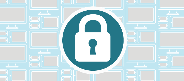 data privacy illustration of a padlock on a background of device screens