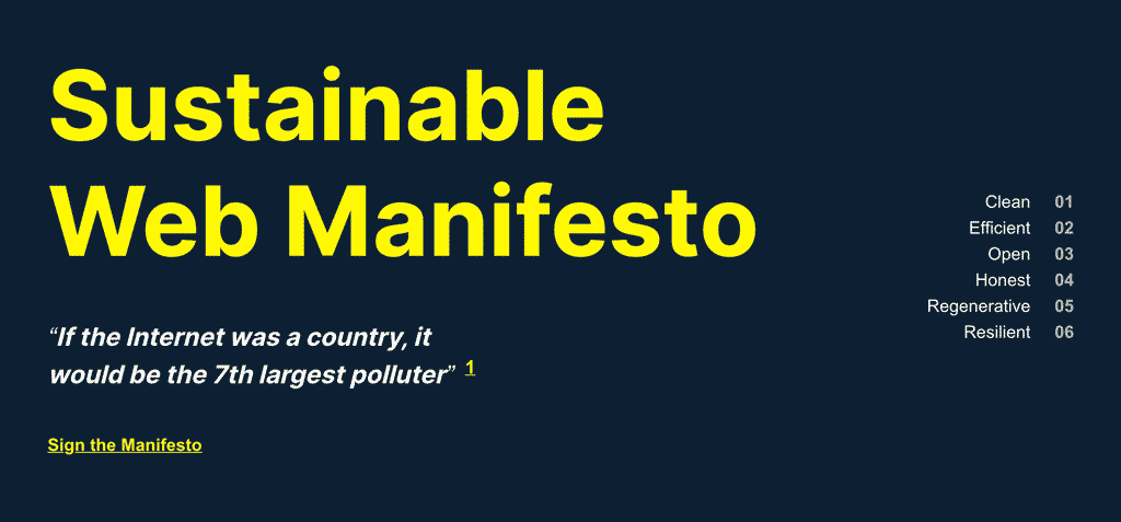 Image of Sustainable Web Manifesto website showing digital resilience as one of six key principles