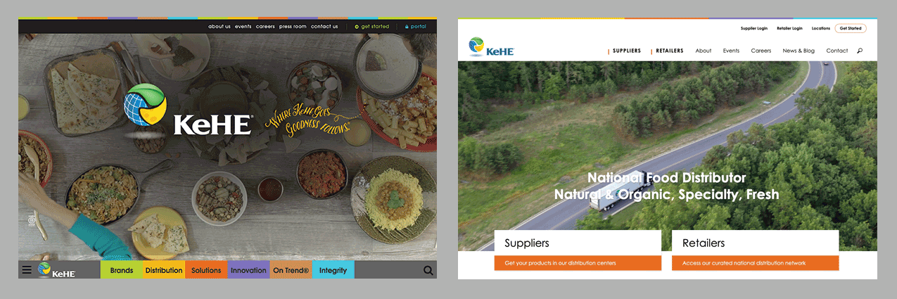 Image showing old and new KeHE homepages side-by-side