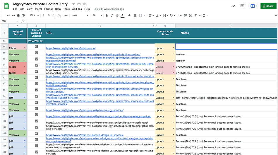 Image of a content audit spreadsheet