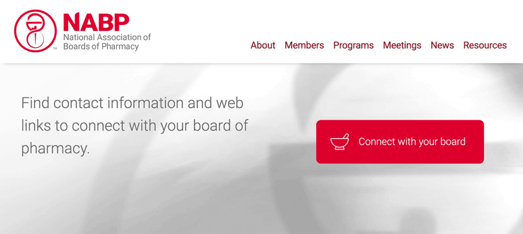 A/B Testing image showing NABP original homepage banner with text reading 'Find contact information and web links to connect with your board of pharmacy.