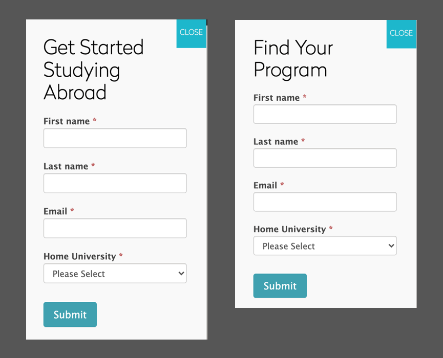 A/B testing example showing different headings. The heading on the left says 'Get Started Studying Abroad' while the heading on the right says 'Find Your Program'.