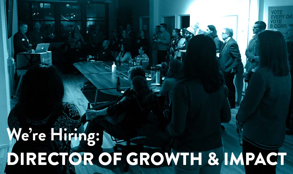 Image of event at Mightybytes with words along the bottom: "We're Hiring: Director of Growth & Impact".