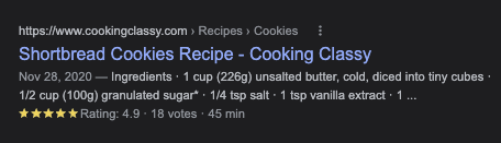 Image of standard search result from Cooking Classy for shortbread cookies recipe including a 5 star rating