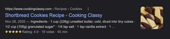 Image of standard search result from Cooking Classy for shortbread cookies recipe including a 5-star rating and a photo