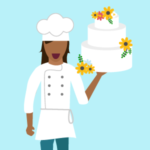 graphic illustration of a baker holding a wedding cake